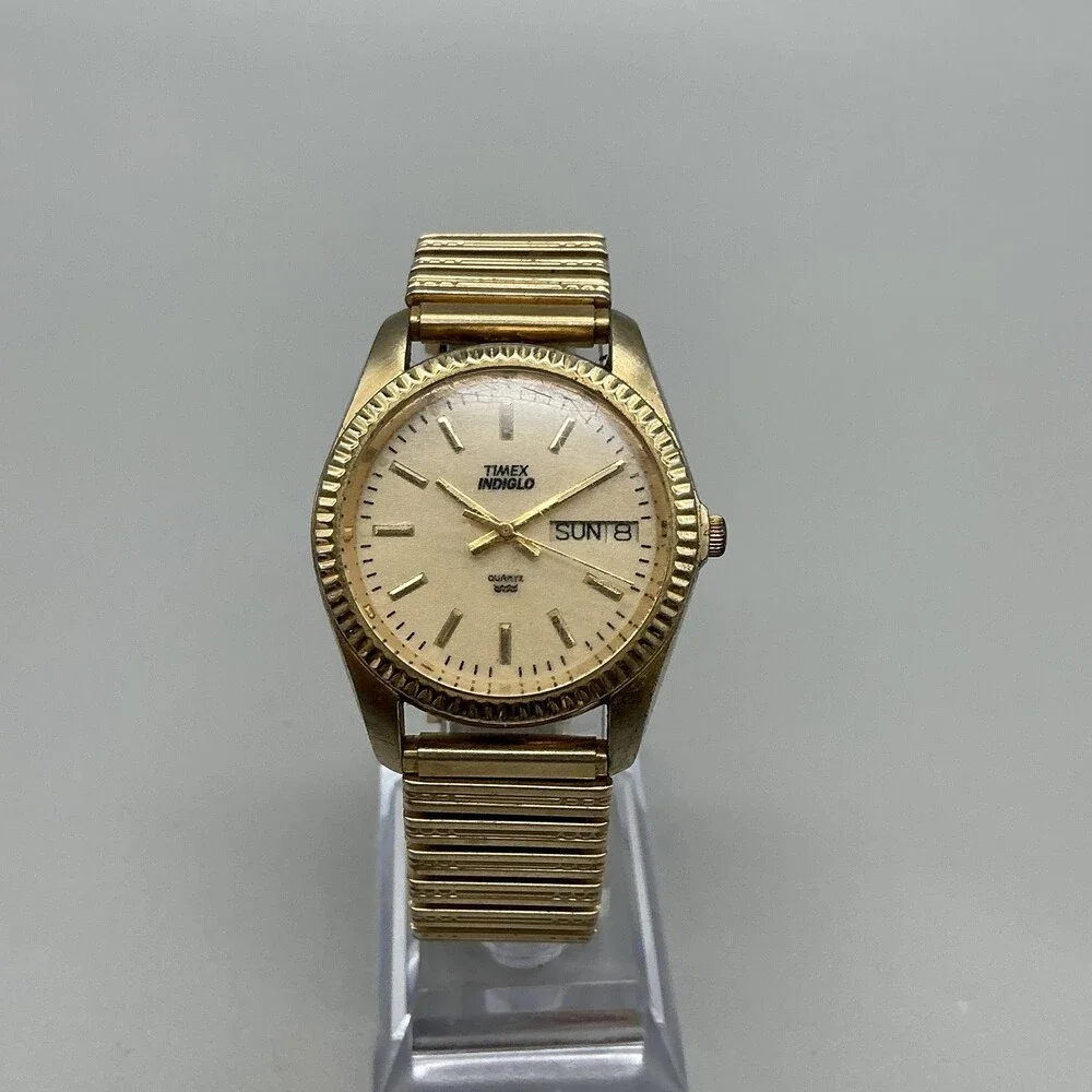 Vintage Timex Indiglo WR 30M Mens Watch 34mm Gold Tone Day Date New Battery